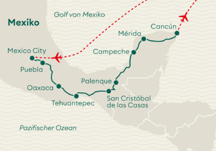 Karte Mexico City bis Mérida